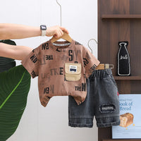 Boys Brown Typographic Print T-Shirt With Denim Shorts Set Sets Brown 1-2 Y