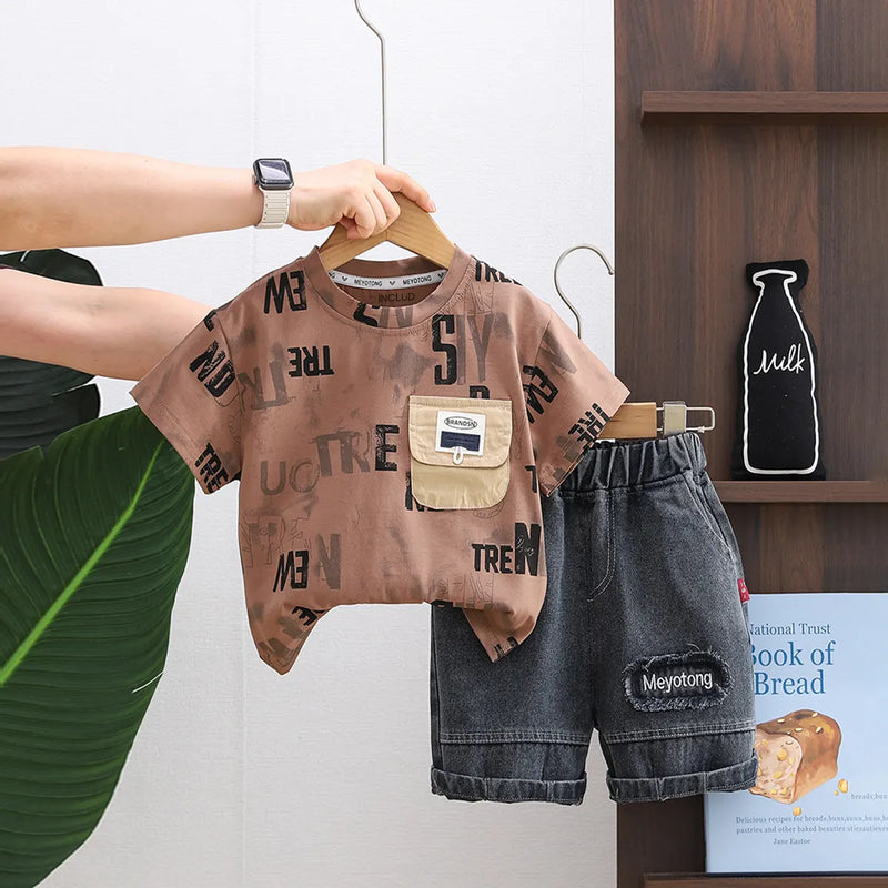 Boys Brown Typographic Print T-Shirt With Denim Shorts Set Sets Brown 1-2 Y
