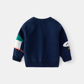 Boys Navy Blue Knitted Cardigan with Self-Design Animal Patterns Sweaters & Cardigans