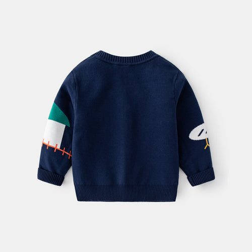 Boys Navy Blue Knitted Cardigan with Self-Design Animal Patterns Sweaters & Cardigans