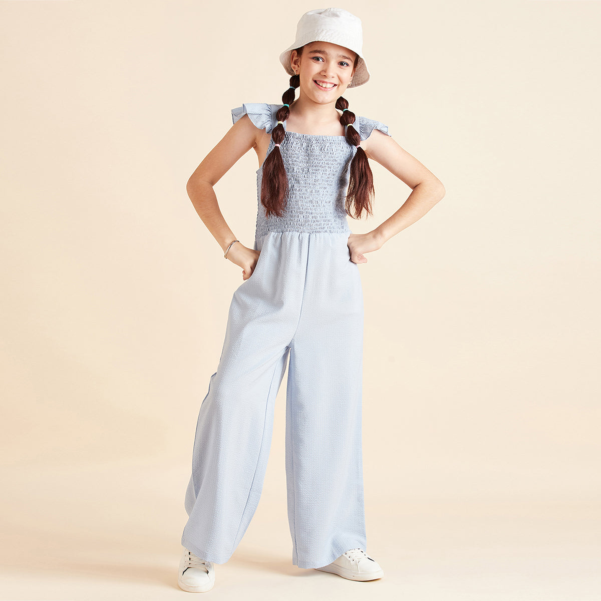 Girls Blue Sleeveless Long Length Jumpsuit With Smocking Jumpsuits Blue 4-5 Y