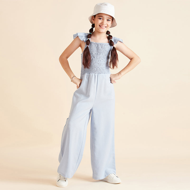 Girls Blue Sleeveless Long Length Jumpsuit With Smocking Jumpsuits Blue 4-5 Y