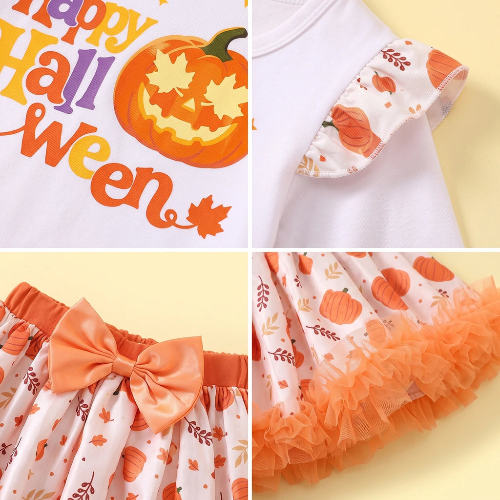Girls White Happy Halloween Typography Print Top With Skirt Sets 2 pc. Sets