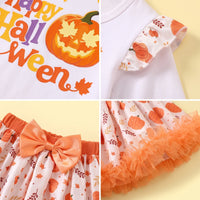 Girls White Happy Halloween Typography Print Top With Skirt Sets 2 pc. Sets