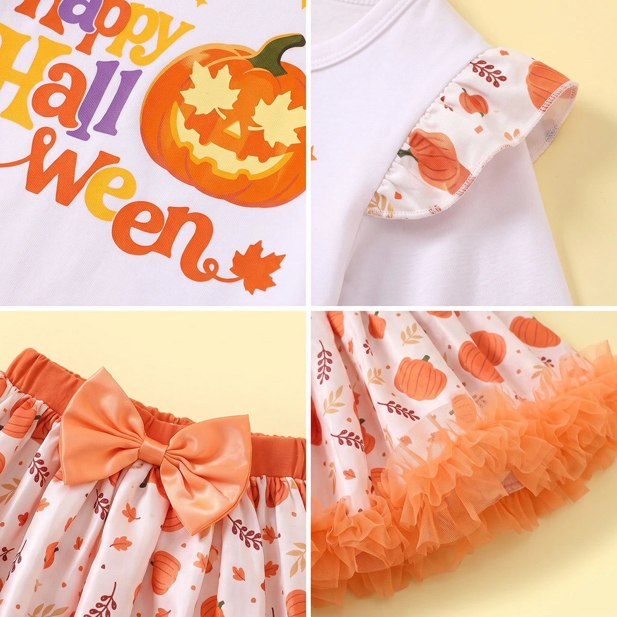 Girls White Happy Halloween Typography Print Top With Skirt Sets 2 pc. Sets