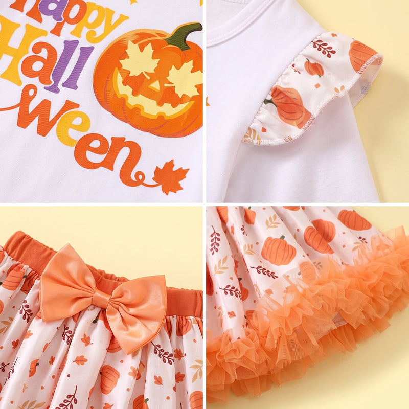 Girls White Happy Halloween Typography Print Top With Skirt Sets 2 pc. Sets