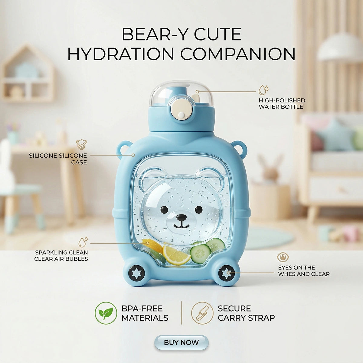 Kids Sky Blue Bear Cartoon Straw Water Bottle Trending Accessories