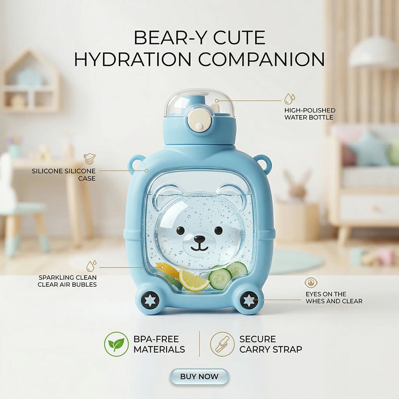 Kids Sky Blue Bear Cartoon Straw Water Bottle Trending Accessories