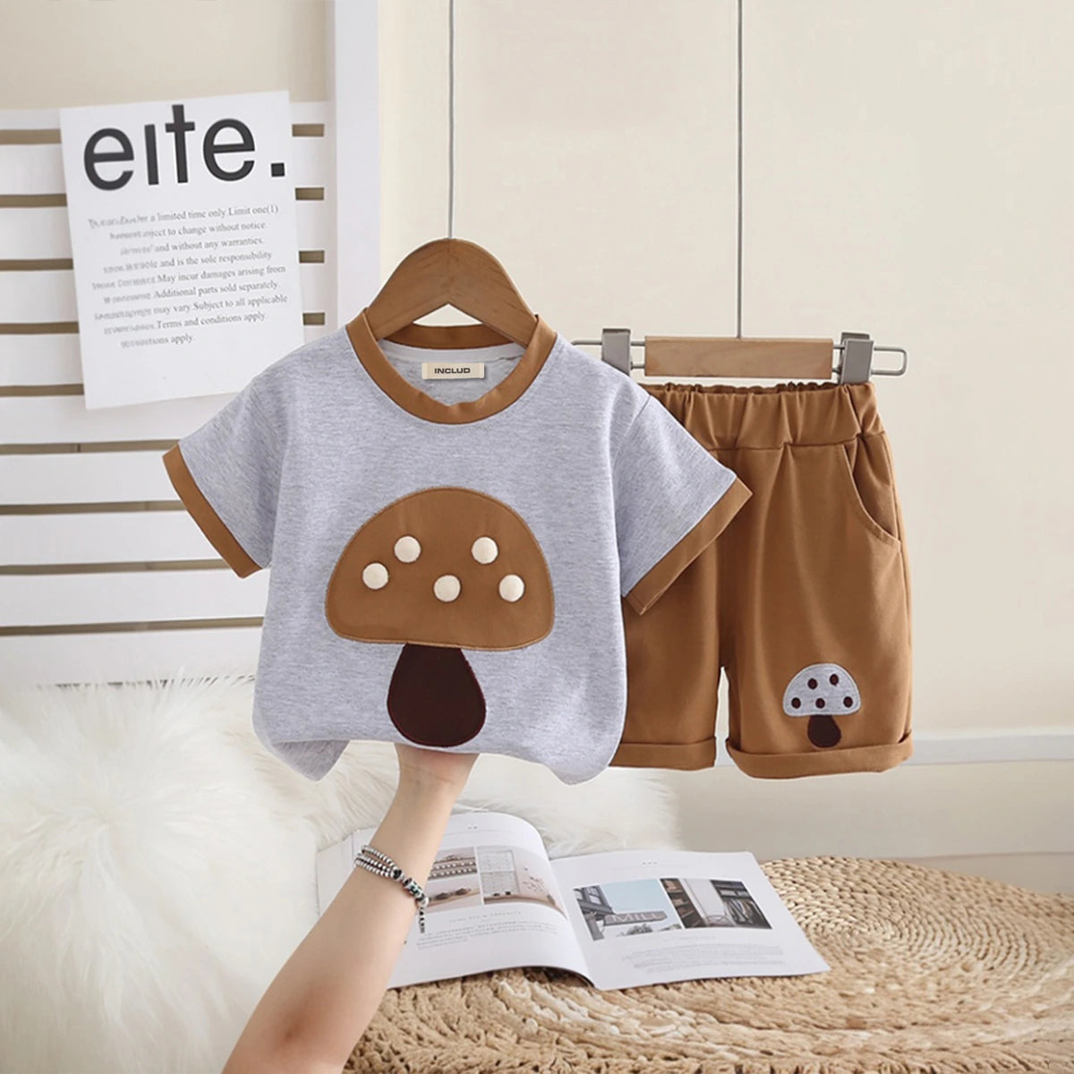Girls Brown Mushroom Embroidered T-Shirt With Shorts Set Sets Brown 1-2 Y