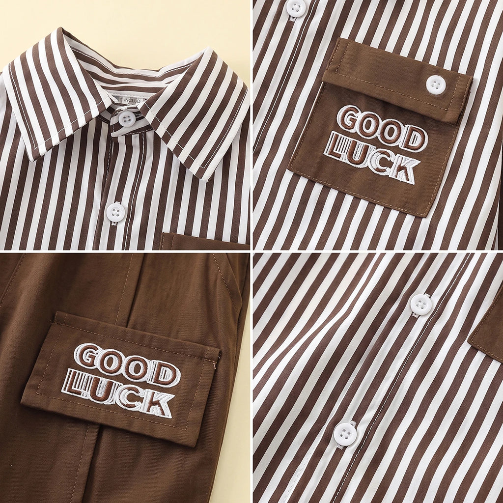 Boys Brown Striped Long Sleeve Shirt With Pants Sets 2 pc. Sets
