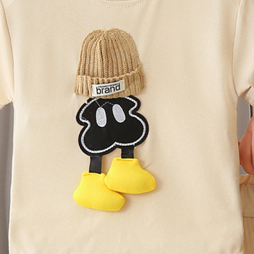 Boys Beige Cartoon Patched Short Sleeves T-Shirt With Shorts Set 2 pc. Sets
