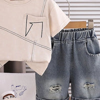 Boys Beige Graphic Printed Short Sleeve T-Shirt With Distressed Denim Shorts Sets 2 pc. Sets