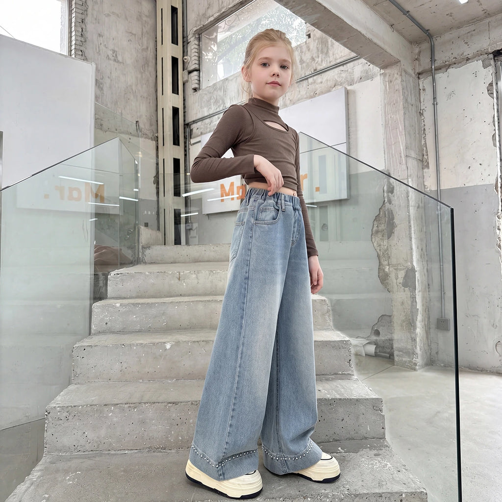 Girls Light Blue Embellished Loose Fit Denim Jeans Pants Light Blue 5-6 Y