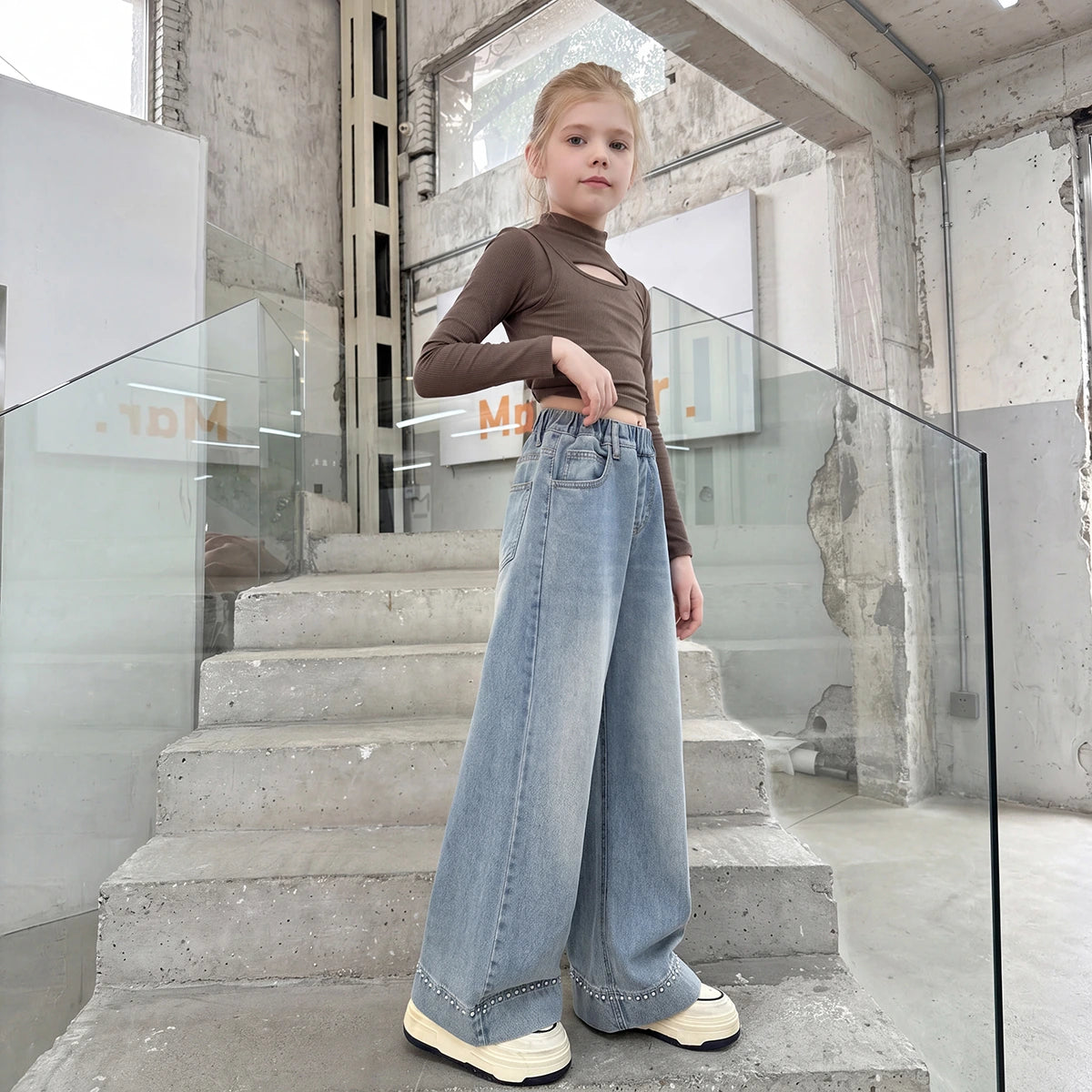 Girls Light Blue Embellished Loose Fit Denim Jeans Pants Light Blue 5-6 Y