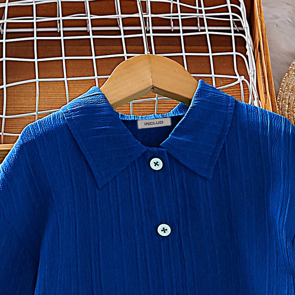 Girls Blue Textured Long Sleeve Shirt With Pants Set Sets   