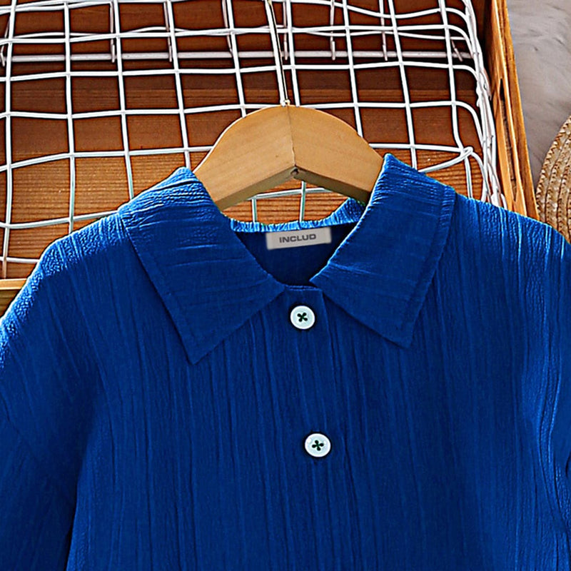 Girls Blue Textured Long Sleeve Shirt With Pants Set Sets   
