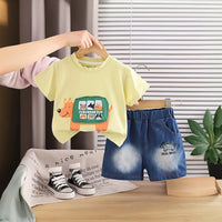 Boys Lime Yellow Dog Bus Print T-Shirt With Denim Shorts Sets Sets Lime Yellow 1-2 Y