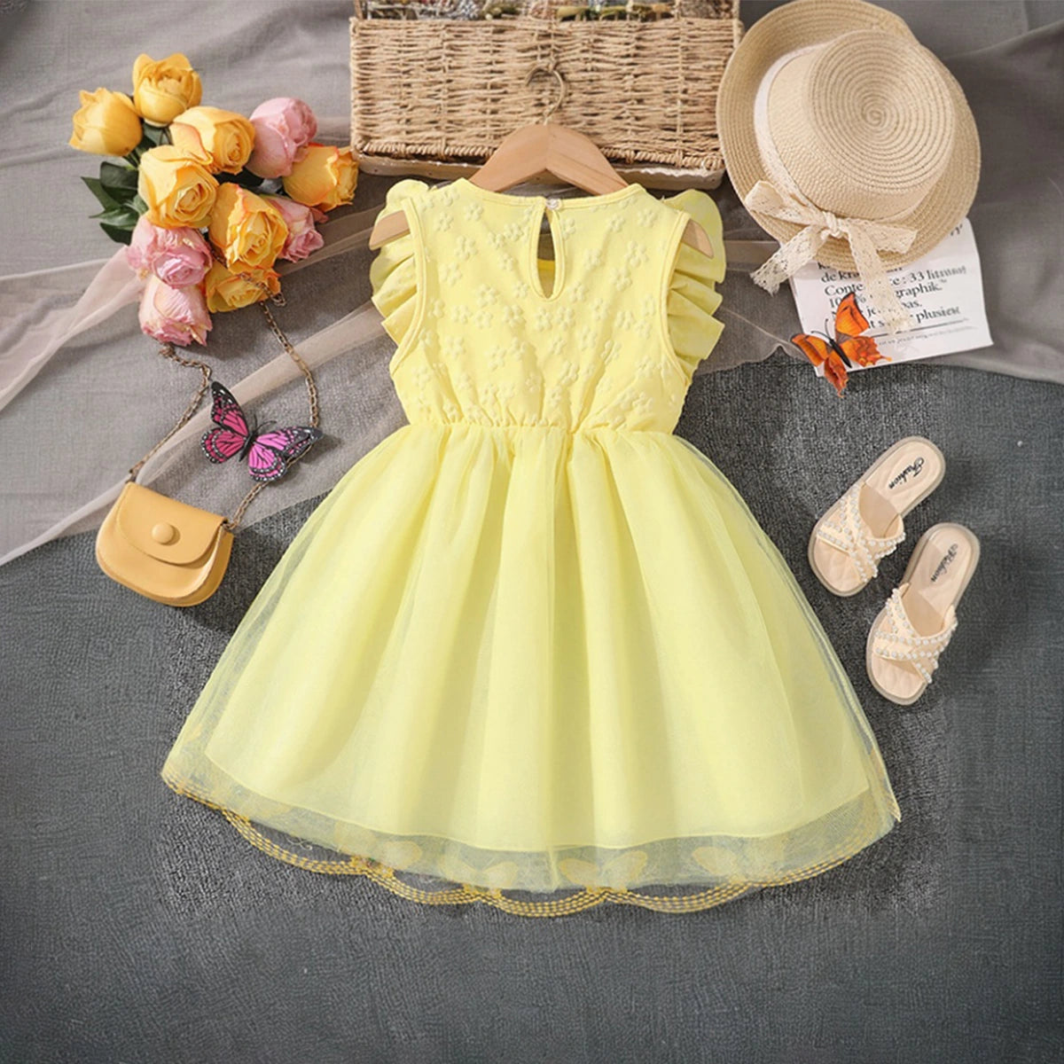 Girls Yellow Butterfly Applique Flutter Sleeve Fit & Flare Party Dress Party Dresses