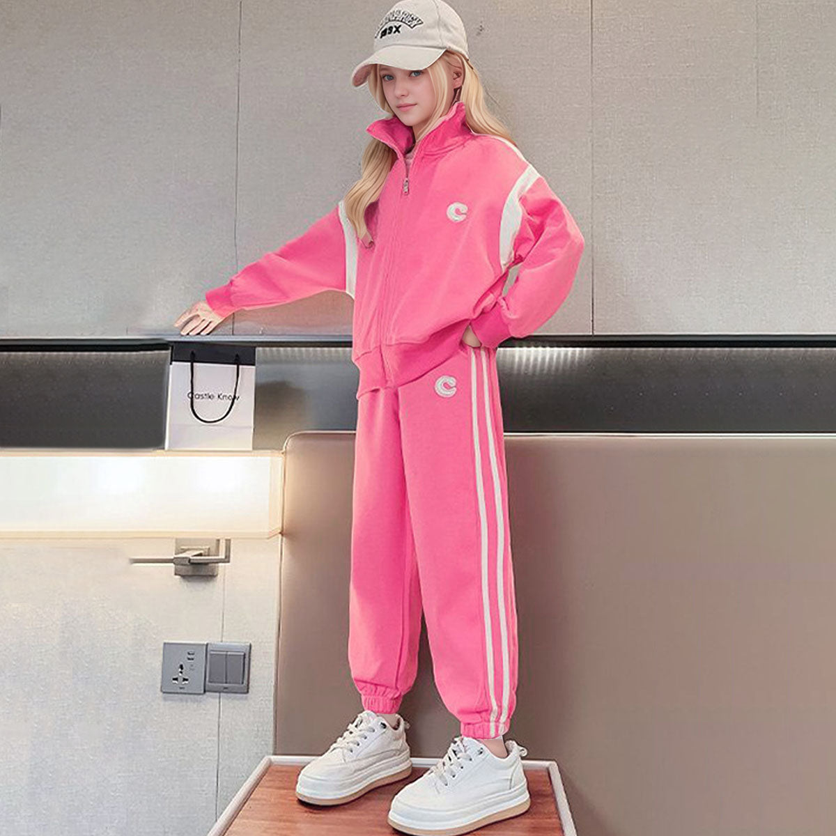 Girls Pink Solid Front Zipper Jacket With Jogger Winter Co-ord Set 2 pc. Sets