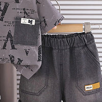 Boys Grey Typographic Printed Short Sleeve T-Shirt With Denim Shorts Sets 2 pc. Sets
