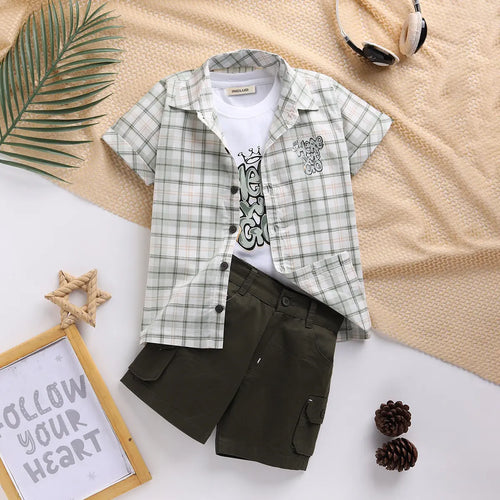 Boys Olive Checked Shirt With Printed T-Shirt And Twill Shorts Sets 3 pc. Sets Olive 9-12 M