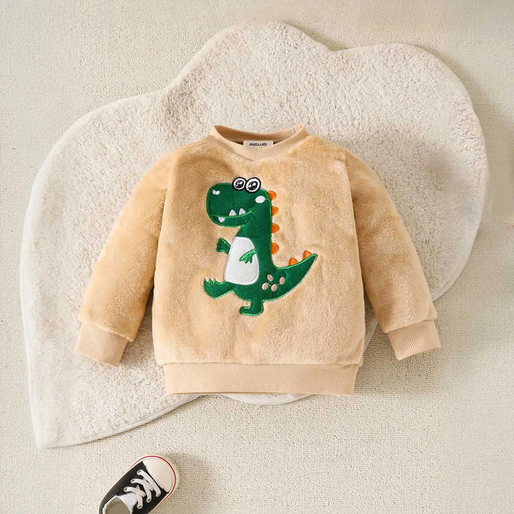 Boys Beige Dinosaur Embroidered Sweatshirt With Jogger Co-ord Set 2 pc. Sets