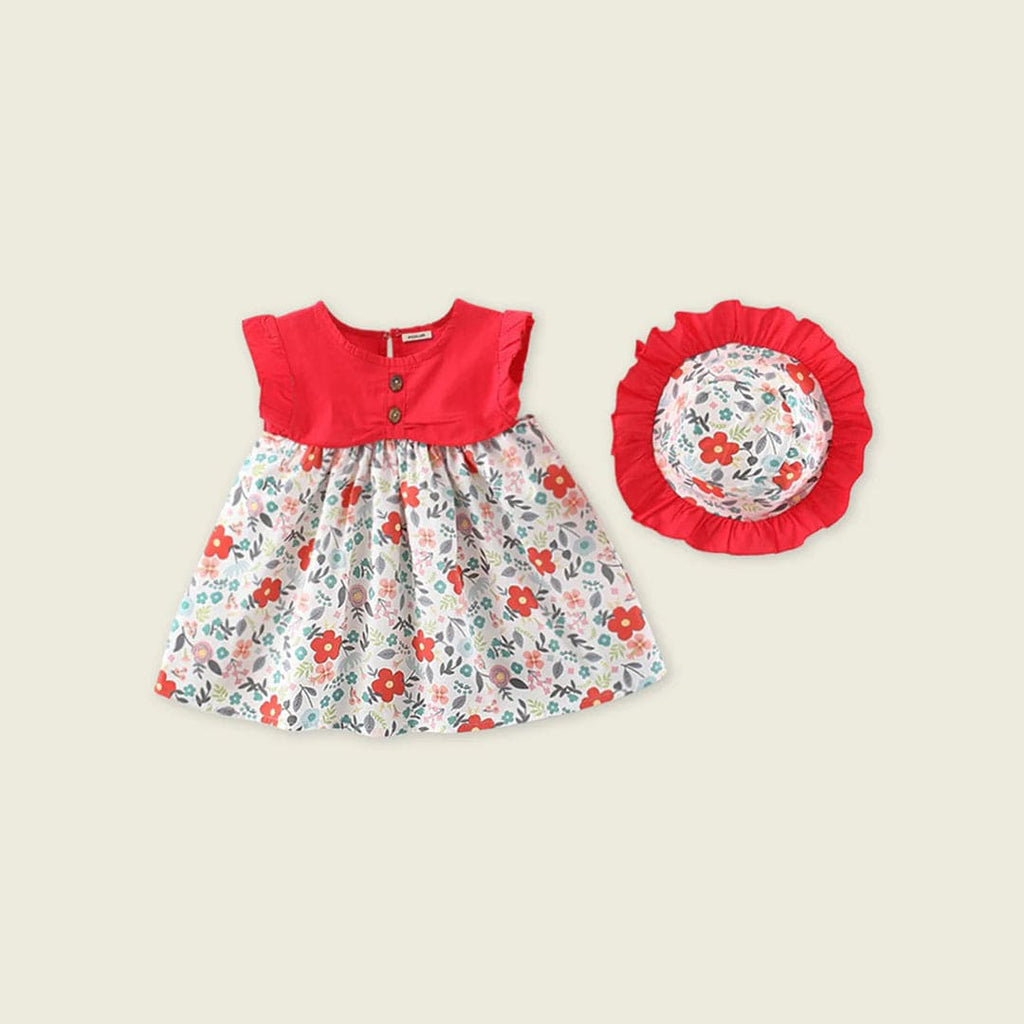 Girls Floral Print Dress with Hat Casual Dresses Red 1-2 Y 