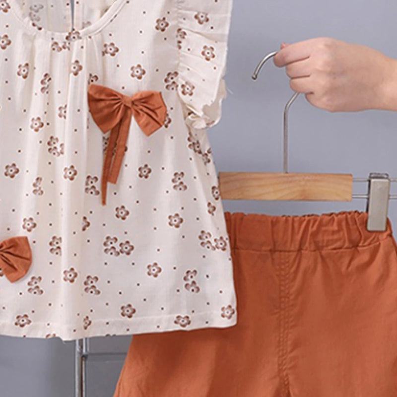Girls Brown Floral Print Bow Applique Top With Shorts Set Sets