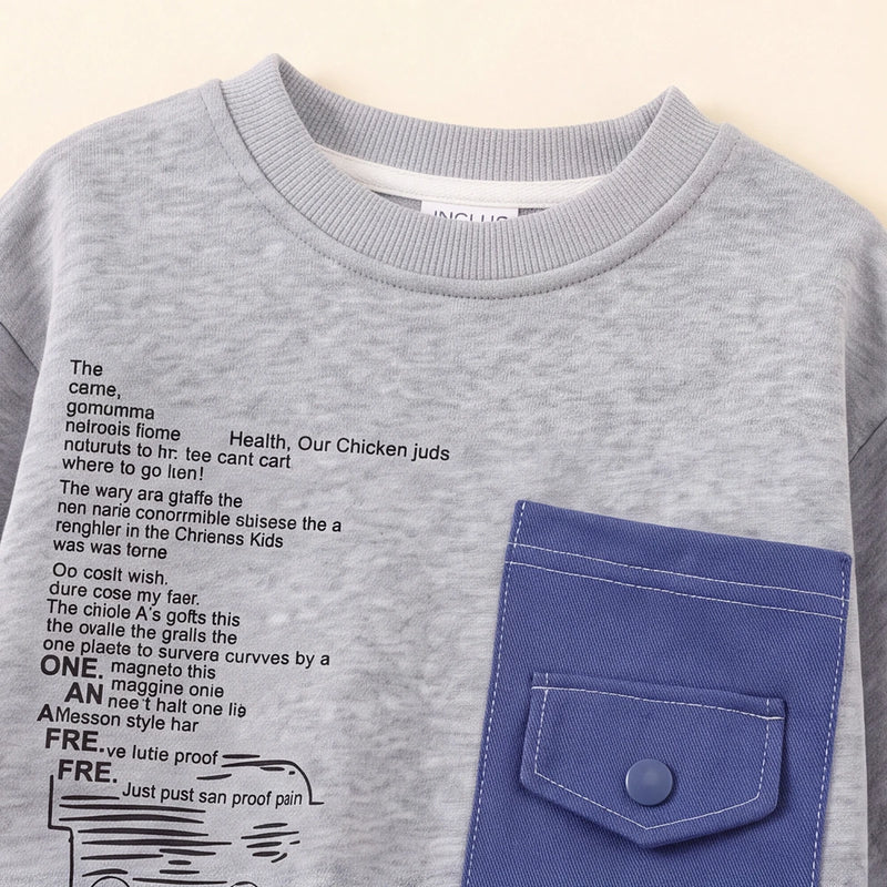 Boys Grey Typographic Printed Sweatshirt With Denim Pants Set Sets