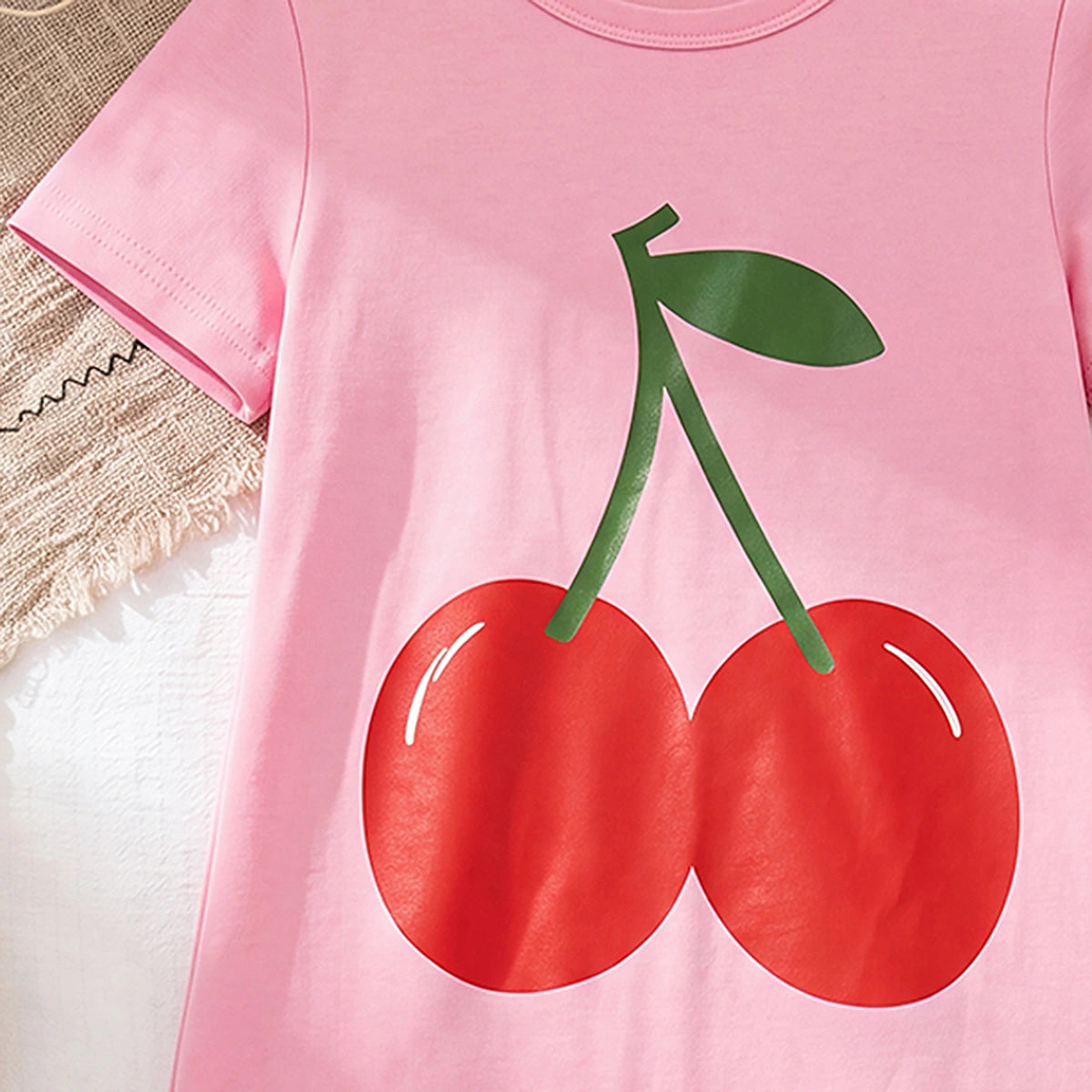 Girls Light Pink Cherry Print Short Sleeve T-Shirt Dress Casual Dresses
