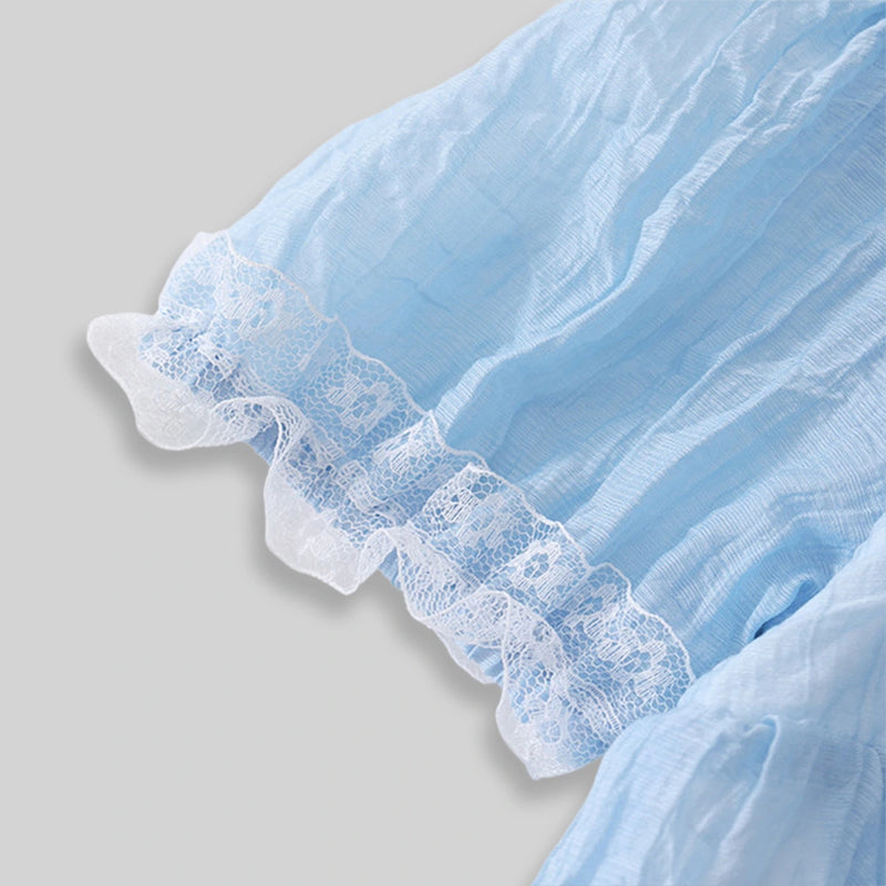 Girls Light Blue Textured Peter Pan Collar Fit & Flare Dress Casual Dresses
