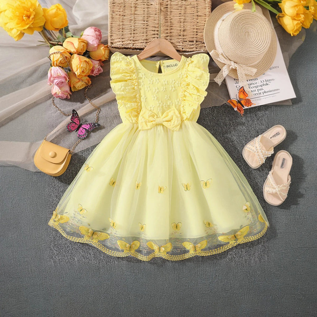 Girls Yellow Butterfly Applique Flutter Sleeve Fit & Flare Party Dress Party Dresses Yellow 2-3 Y
