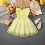Girls Yellow Butterfly Applique Flutter Sleeve Fit & Flare Party Dress