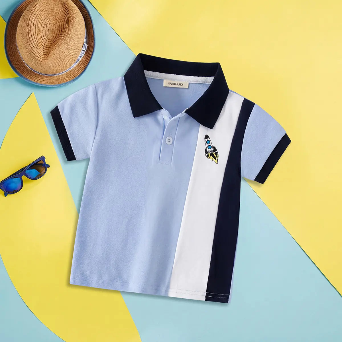 Boys Sky Blue Color-blocked Polo T-Shirt With Short Sleeves Tshirts Sky Blue 1-2 Y