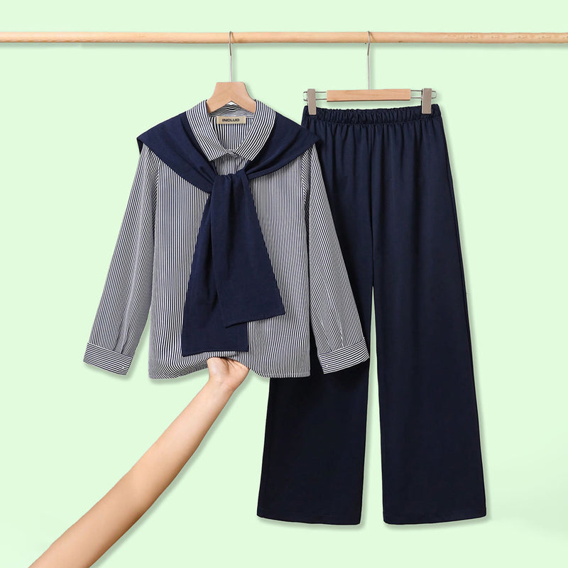 Girls Blue Striped Shirt with Scarf and Straight Fit Pants Sets Sets Blue 12-13 Y