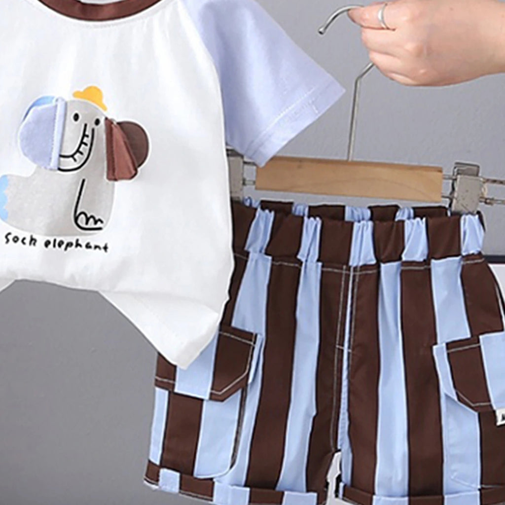 Boys Light Blue Elephant Printed Short Sleeve T-Shirt With Striped Shorts Sets 2 pc. Sets