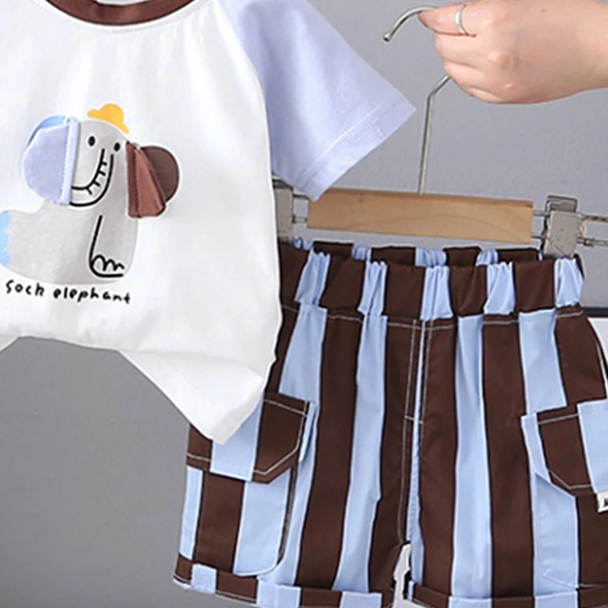 Boys Light Blue Elephant Printed Short Sleeve T-Shirt With Striped Shorts Sets 2 pc. Sets