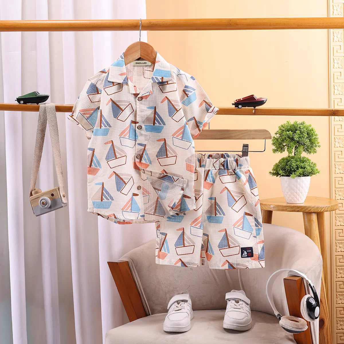 Boys Blue Boat Graphics Short Sleeve Shirt With Elasticated Shorts Sets 2 pc. Sets Blue 3-4 Y
