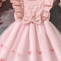 Girls Pink Butterfly Applique Flutter Sleeve Fit & Flare Party Dress Party Dresses