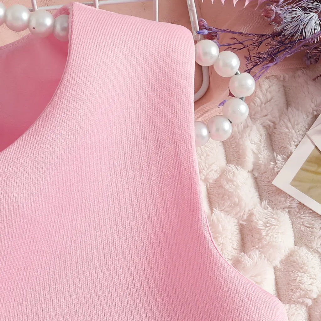 Girls Pink Sleeveless A-line Party Wear Dress With Bow Applique Party Dresses