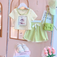 Girls Crop Length Graphic T-Shirt With Shorts Sets Green 4-5 Y 