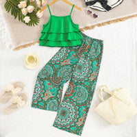 Girls Bright Green Ruffle Layered Top With Paisley Print Pants Set Sets Green 7-8 Y