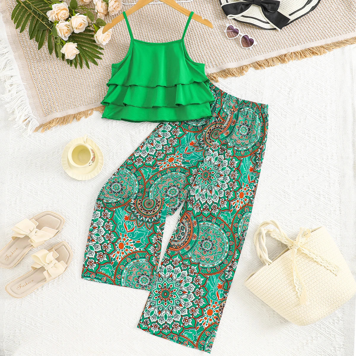 Girls Bright Green Ruffle Layered Top With Paisley Print Pants Set Sets Green 7-8 Y
