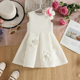 Girls White Sleeveless Fit & Flare Party Wear Dress With Delicate Floral Appliques Party Dresses White 2-3 Y