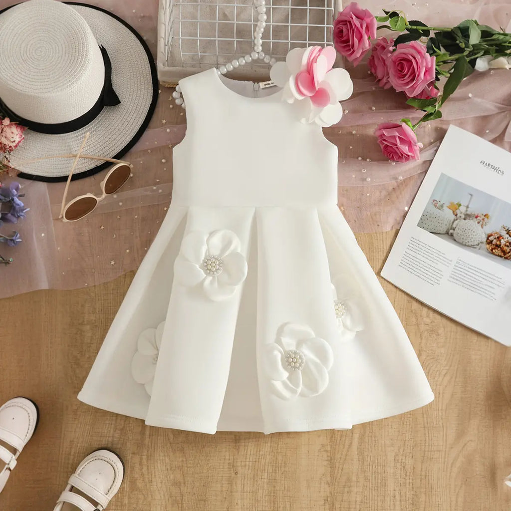 Girls White Sleeveless Fit & Flare Party Wear Dress With Delicate Floral Appliques Party Dresses White 2-3 Y