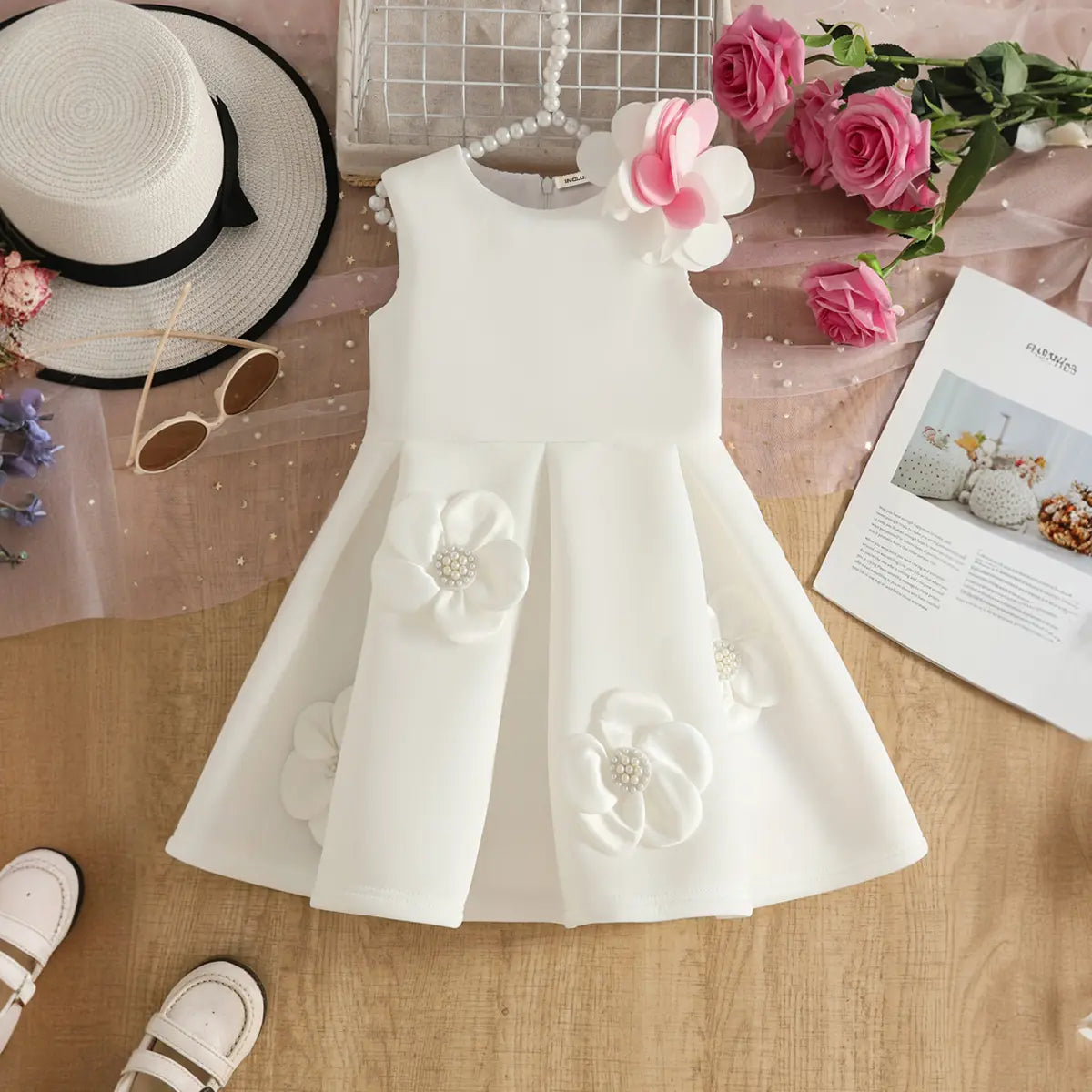 Girls White Sleeveless Fit & Flare Party Wear Dress With Delicate Floral Appliques Party Dresses White 2-3 Y