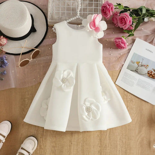 Girls White Sleeveless Fit & Flare Party Wear Dress With Delicate Floral Appliques Party Dresses White 2-3 Y