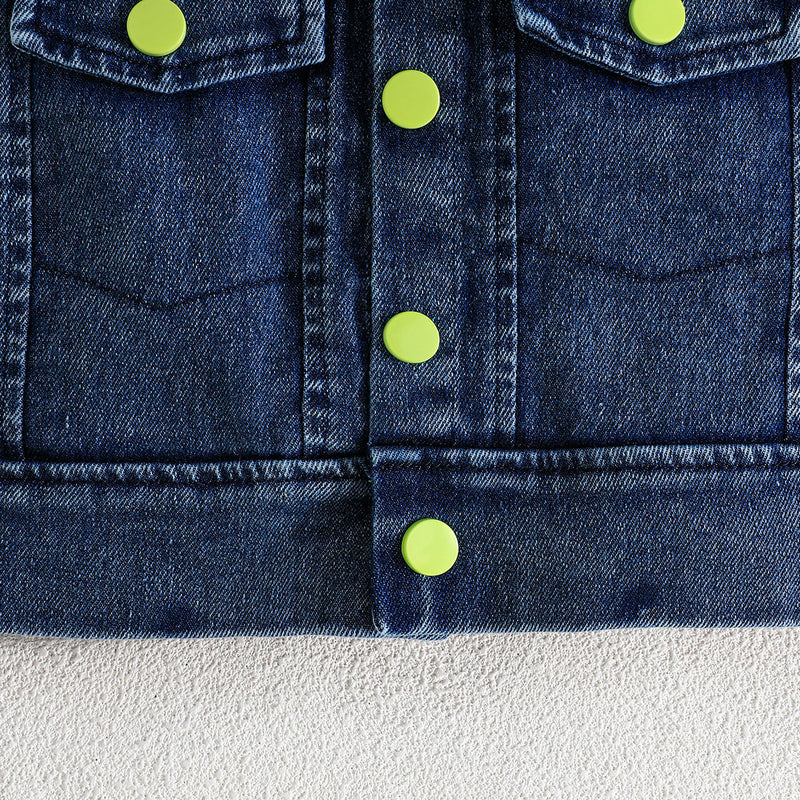 Girls Sleeveless Denim Jacket With Camisole Top And Green Pleated Skirt Set 3 pc. Sets