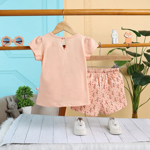 Girls Peach Graphic Short Sleeve Top With Drawcord Printed Shorts Sets Sets
