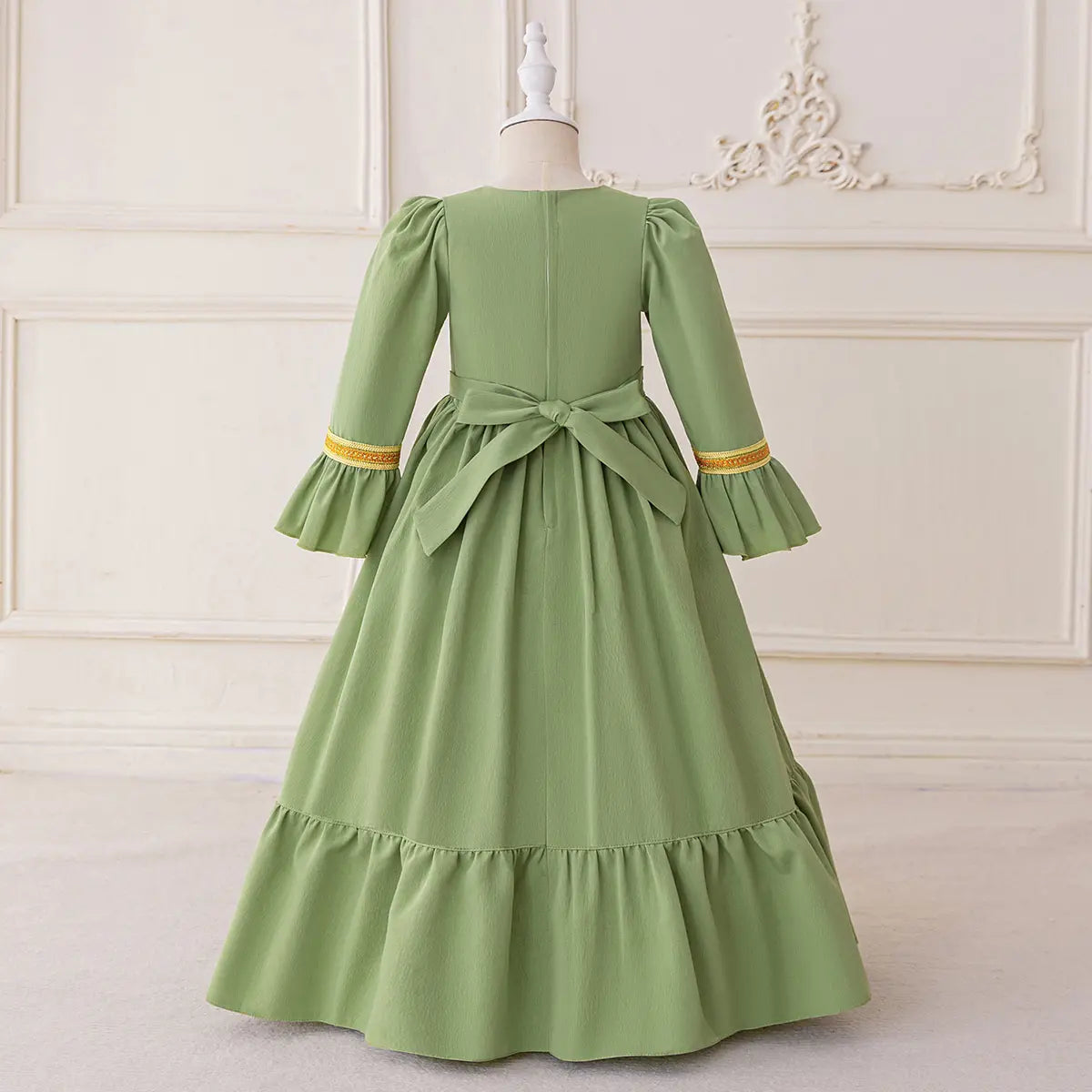 Girls Green Long Sleeves Maxi Dress With Golden Elegant Embroidery Casual Dresses